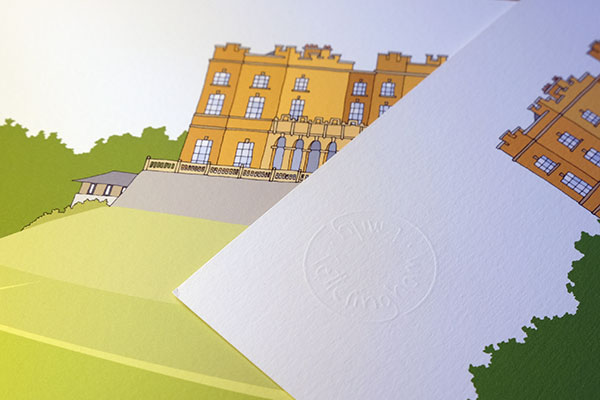 close up of Emily Ketteringham's print of the yellow Dower House on the outskirts of Bristol showing her embossed signature.