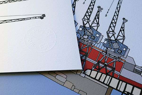 close up of Emily Ketteringham's print showing the industrial cranes outside the M Shed museum in Bristol. Emily's embossed signature can be seen at the top of the print.