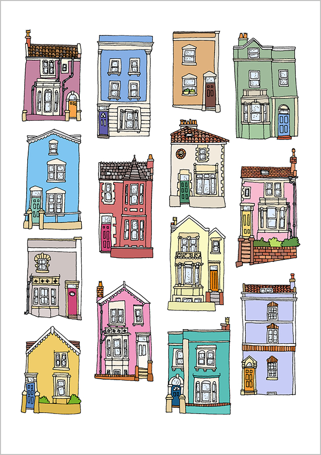Emily Ketteringham's illustration showing 14 different terrace houses from Southville, Bristol. Drawn in crisp lines with bright clean colours.